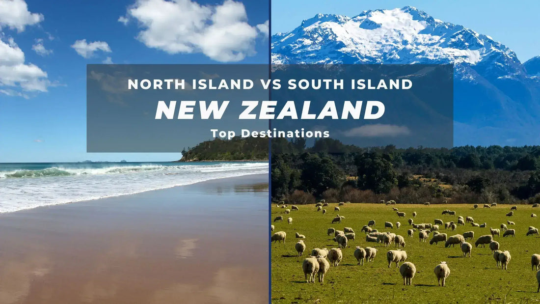 North vs South Island New Zealand: Beach on North Island and mountains with sheep on South Island, top travel destinations