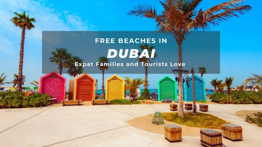 Colorful beach huts and palm trees at a free beach in Dubai, popular with expat families and tourists.