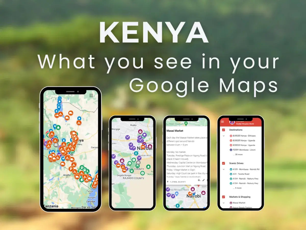 Preview of the Kenya Travel Guide on Google Maps with pinned attractions and routes