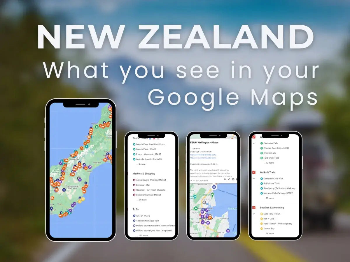 Preview of the New Zealand Travel Guide on Google Maps with pinned attractions and routes