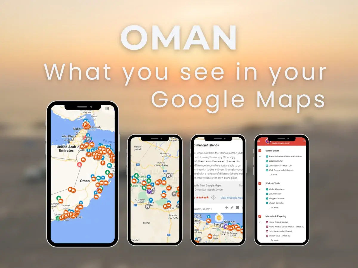 Preview of the Oman Travel Guide on Google Maps with pinned attractions and routes