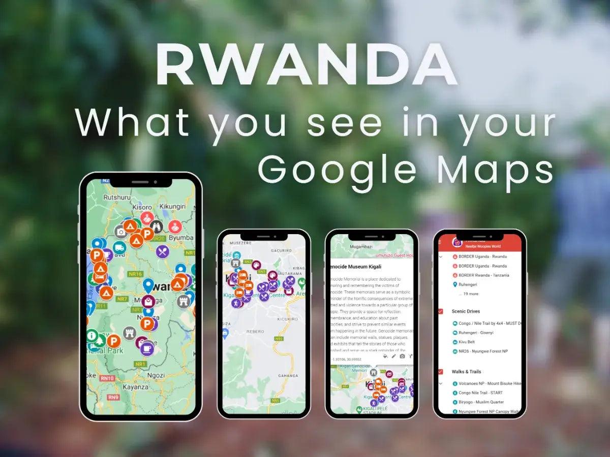 Preview of Rwanda Travel Guide on Google Maps with pinned attractions and routes