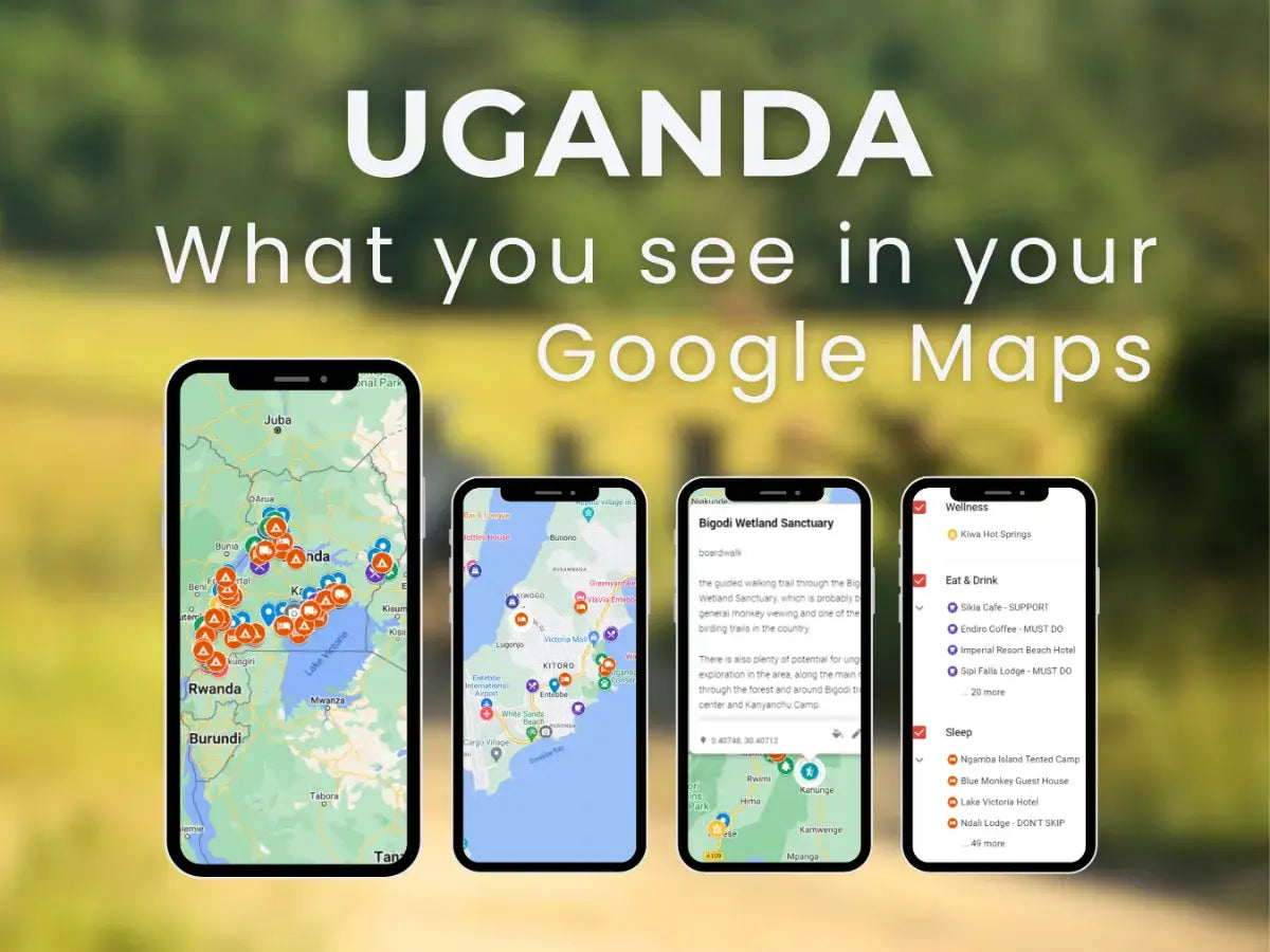 Preview of the Uganda Travel Guide on Google Maps with pinned attractions and routes