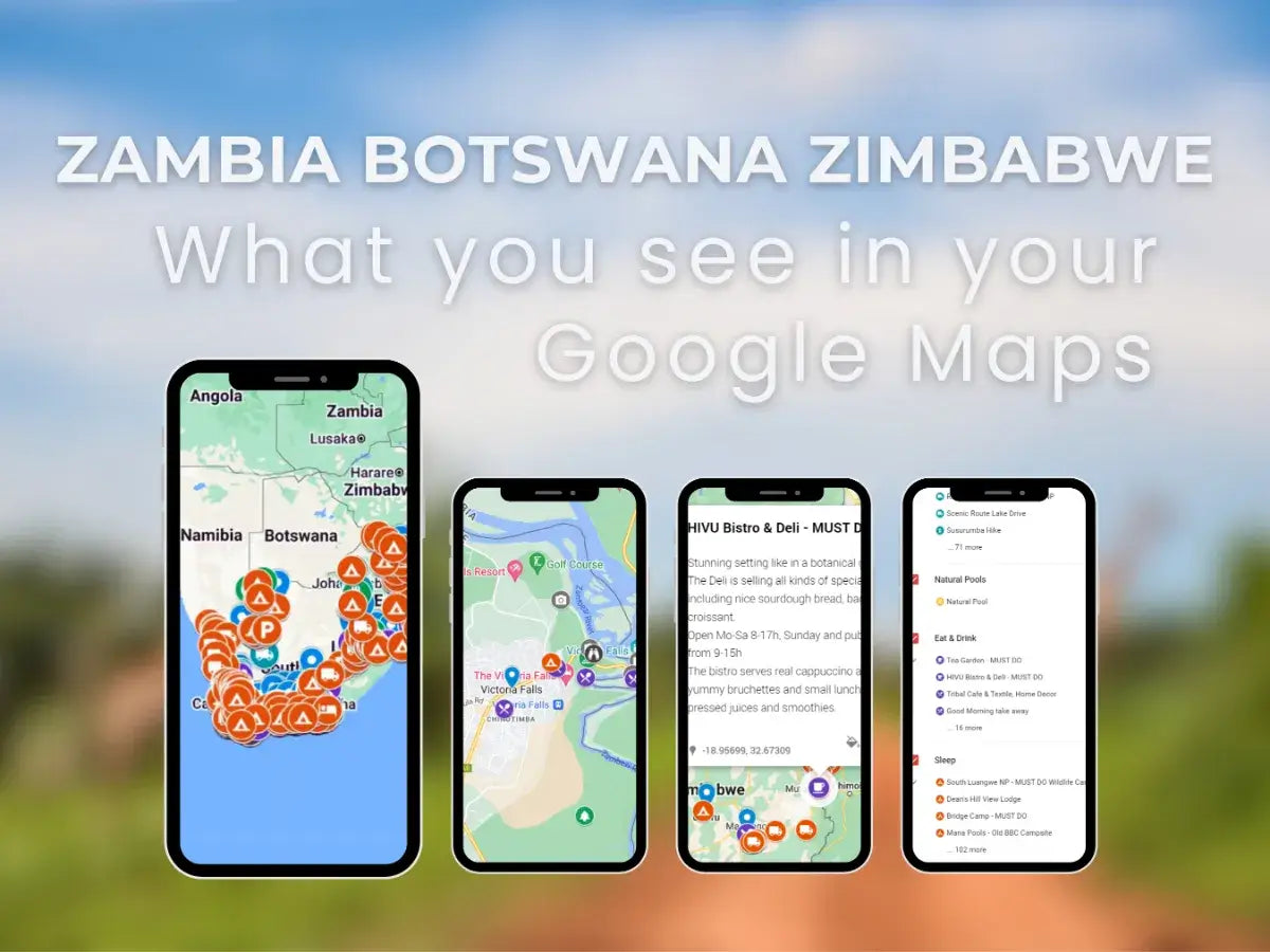 Preview of the Zambia, Zimbabwe & Botswana Travel Guide on Google Maps with pinned attractions and routes