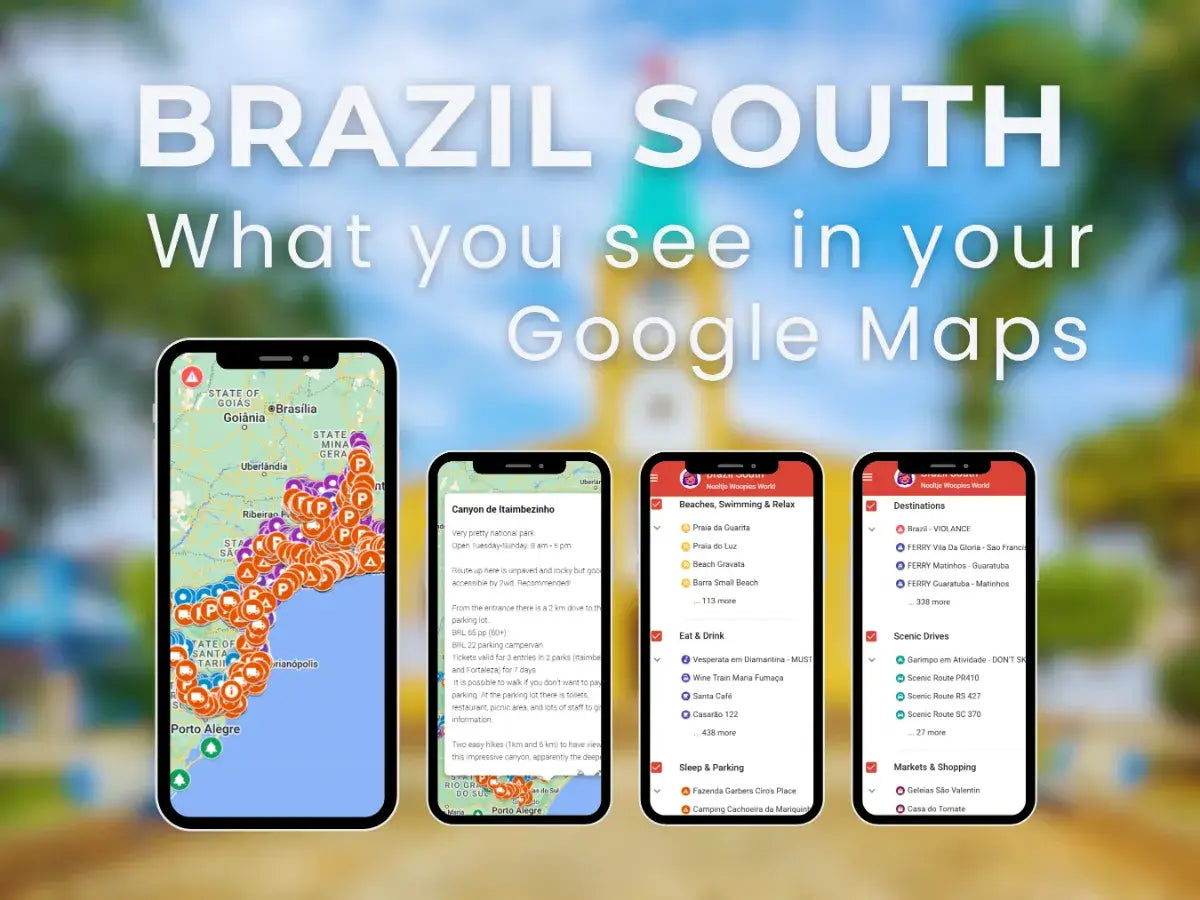 Preview of the Brazil South Travel Guide on Google Maps with pinned attractions and routes