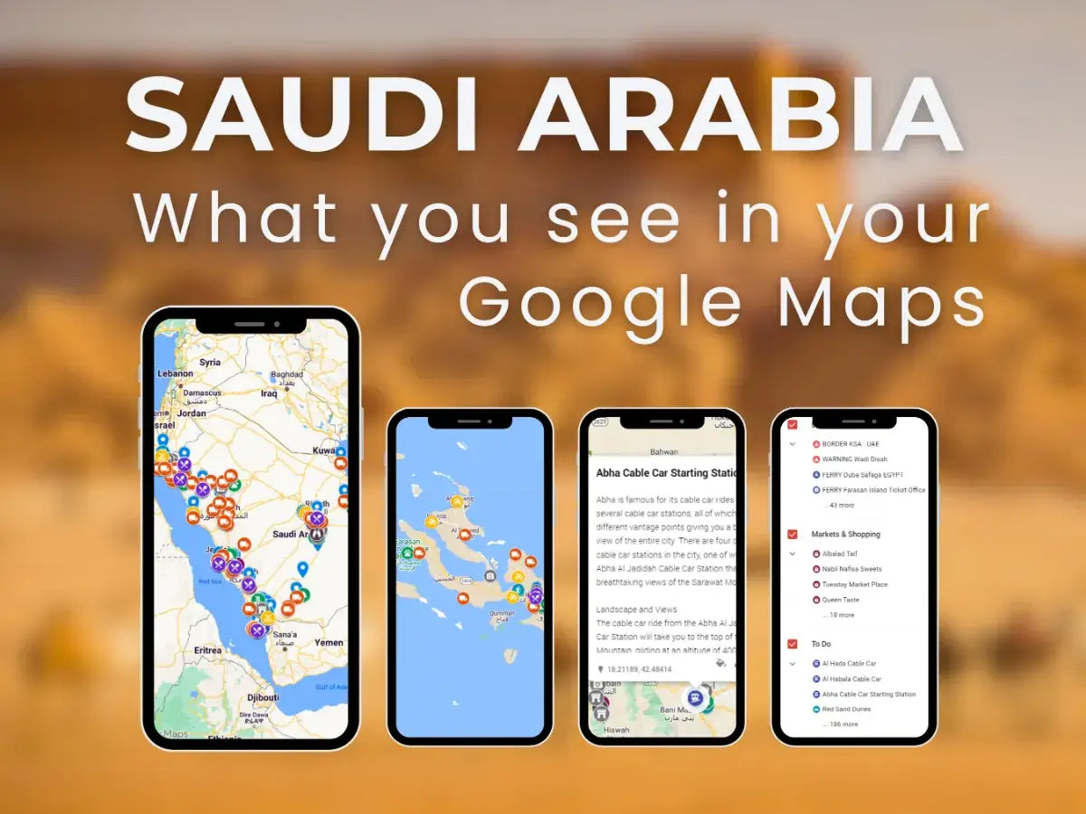 Preview of the Saudi Arabia Travel Guide on Google Maps with pinned attractions and routes